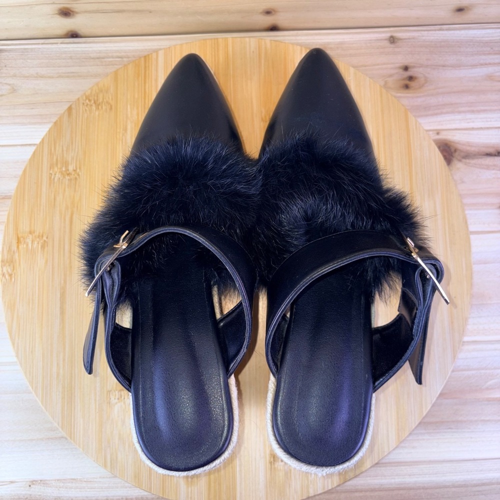 Espadrille Wedge Heels Womens 9 Black Faux Leather Pointed Toe Faux Fur Sandals - Picture 11 of 12
